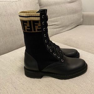 Fendi Leather Combat Boots with FF Cuff